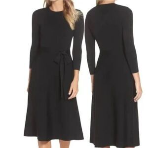 Eliza J Midi Dress L Fit and Flare 3/4 Sleeve Modest Chic Workwear Classic Black